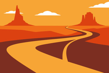 rocky desert road winding between massive buttes