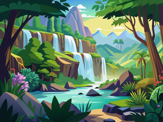 vector of Beautiful panoramic deep forest waterfall in Thailand. Nature background