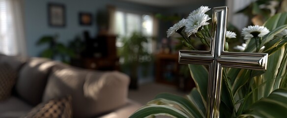Memorial cross with flowers in a living room