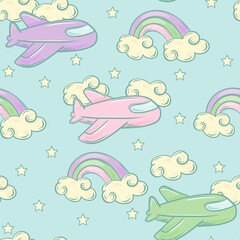 pastel color airplanes, rainbow and cloudy pattern design