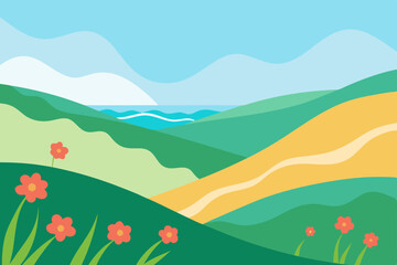 Fototapeta premium rolling coastal hills with wildflowers and waves c.svg