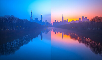 Obraz premium City Skyline Sunrise and Sunset Reflection in Water