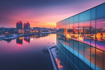Cityscape at Sunset with Modern Glass Building and River Reflections