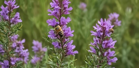 Obraz premium A bee pollinating vibrant purple rosemary blossoms in a natural setting , floral, bright