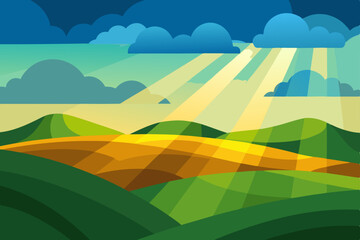 Obraz premium rolling hills under dramatic skies with sunbeams 