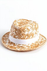 Tan and white woven fedora with a white band