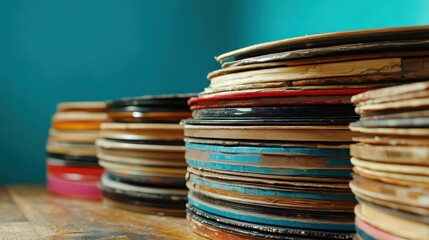 A captivating array of aged vinyl records stacked haphazardly, evoking nostalgia and the warmth of cherished memories associated with music from days gone by.