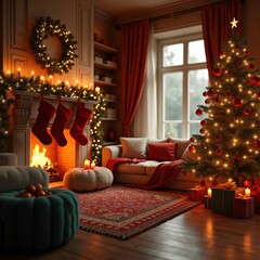 cozy home interior festive holiday decor warm lights comfort texture seasonal, textile, ornament, fireplace, tree, stocking, ribbon, garland, beauty
