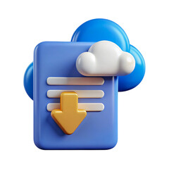 Downloading files from cloud storage 3D icon purple document blue clouds yellow download arrow on transparent background