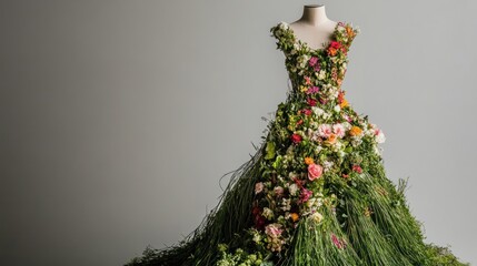 Floral gown on mannequin, full-length view, against gray background.