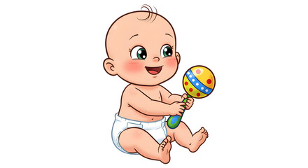 Cute infant playing with rattle toy illustration for kids products and baby care advertisements design