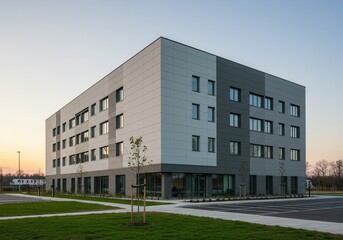 Exterior view of a modern building with gray and white paneling at dusk with green lawn and parking