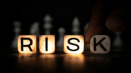 Illuminated wooden blocks spelling out the word risk.