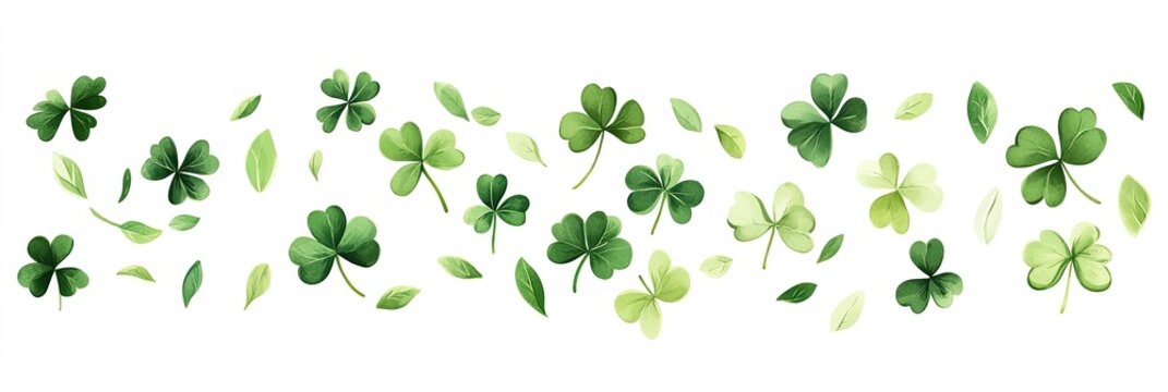 Delicate clover and leaf design.  Various shades of green clover leaves and smaller leaves scattered on a white background create a flowing, natural design