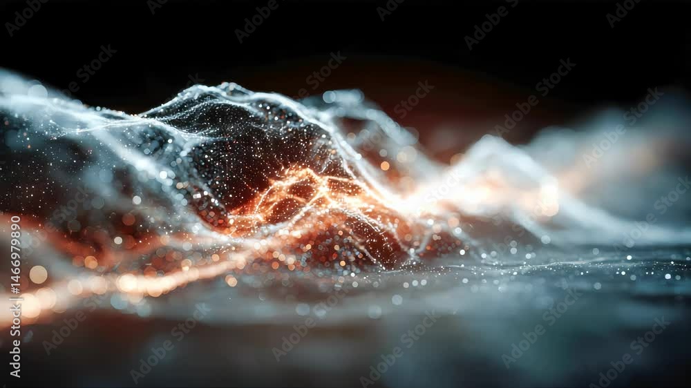 Poster soft-focus abstract waves of glowing digital particles flowing across a dark background, visualizing