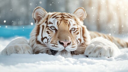 A stunning close-up of a white tiger resting in snowy surroundings, exuding strength and serenity, perfectly capturing the beauty of wildlife in winter conditions.