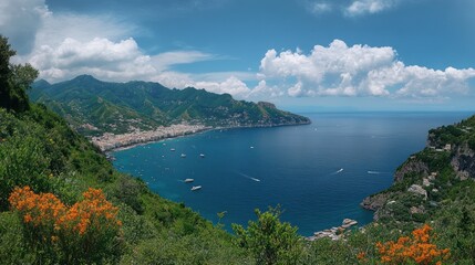Obraz premium Amalfi Coast panorama coastal town, boats, sea, mountains, travel