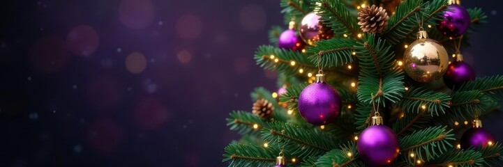 Obraz premium A regal Christmas tree adorned with purple and gold ornaments and natural pine cones , pine cones, gold ornaments, holiday tree