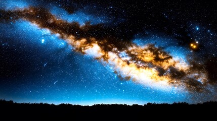 Milky Way Shining Over Dark Silhouette of Trees in Night Sky