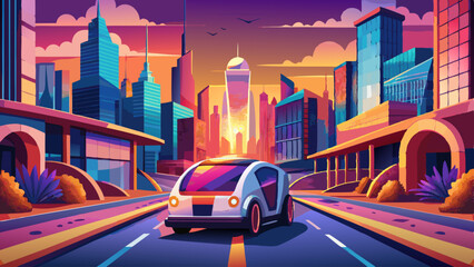 Naklejka premium Futuristic selfdriving vehicle navigating through a vibrant urban landscape during sunset