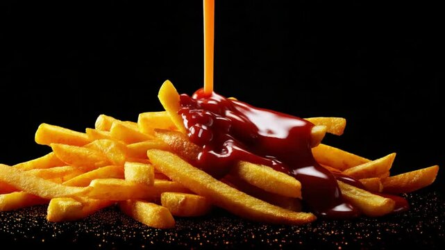 Delicious golden fries topped with vibrant ketchup on a black background, perfect for food promotion