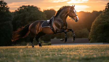 Brown Horse Galloping in a Field at Sunset