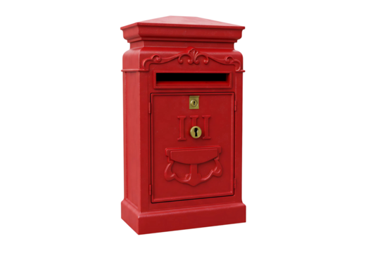 red post box, Polished red mailbox with elegant gold keyhole and trim, isolated on transparent background 