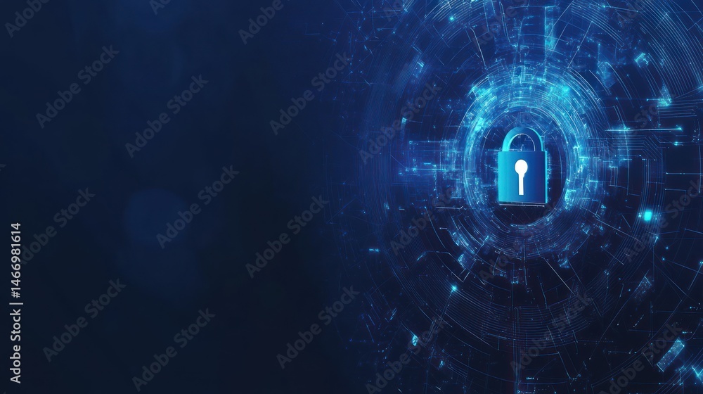 Poster abstract digital security concept with padlock in glowing network.