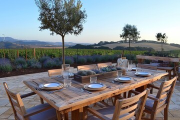 Fototapeta premium Outdoor dining setup surrounded by vineyards and natural beauty.