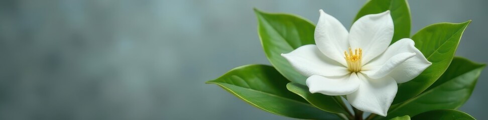 Fototapeta premium Delicate white gardenia jasmine blossom, lush green leaves, gray backdrop , bloom, white