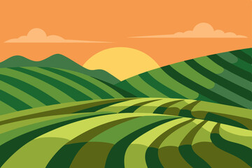 Fototapeta premium serene tea fields at sunrise with rows curving alo.svg