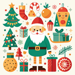 A festive collection of Christmas-themed illustrations, including Santa, ornaments, trees, and gifts