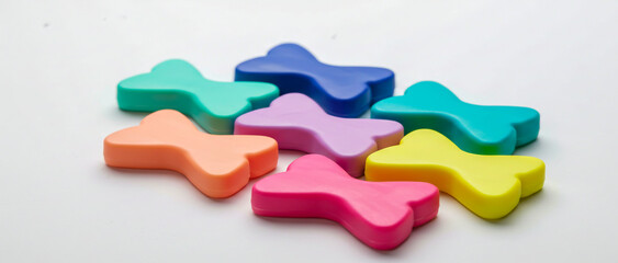 Colorful array of playful plastic dog bones in vibrant colors on a plain white background