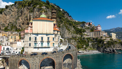 Aerial view of the collegiate church of Atrani in the province of Salerno, Campania, Italy. This...