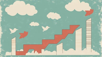 Retro stairway towards sky with buildings clouds birds concept of growth progress success opportunity and achieving goals vision
