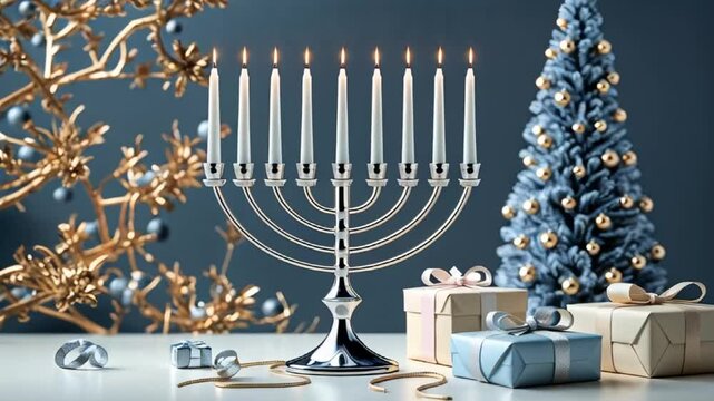 hannukan menohannukan menorah lamp, gift boxes, christmas treerah lamp, gift boxes, christmas tree