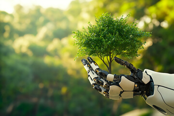 Photo of an artificial intelligence robot holding a green tree in its hand for an environmental protection concept, with a nature background