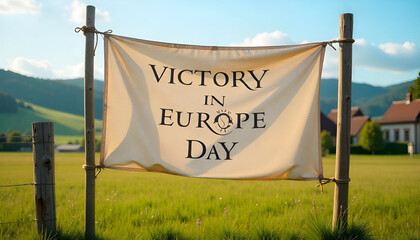 A realistic Victory in Europe Day banner displayed on a wooden stand in a peaceful rural European village. The setting is a sunny morning with soft natural light. Behind the banner,
