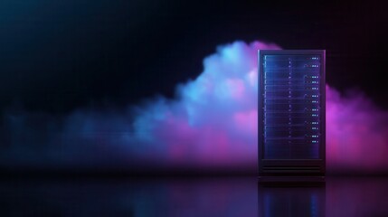 Neon lit server rack in a dark, smoky environment.
