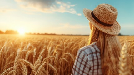 Obraz premium A young woman admires a stunning sunset view from a wheat field, symbolizing appreciation for nature’s beauty and a moment of reflection in a serene and pastoral setting.