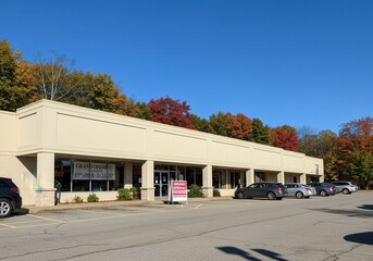 A view of a commercial building with a grand opening sign and cars parked in the parking lot area