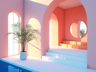 Modern Coral Interior with Arched Doorway and Minimal Plant Decor