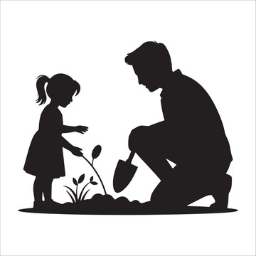 recommend clip art: father and daughter gardening together planting young plant silhouette illustration.