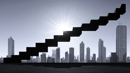 Obraz premium Urban Progression Ambition Steps to Success over Cityscape Silhouette with Sunburst for Growth and Achievement