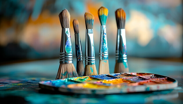 Closeup of Paintbrushes and Colorful Palette