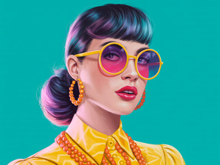 Stylish Woman with Vibrant Blue Hair and Retro Round Sunglasses