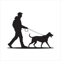 Man walking dog on leash silhouette illustration isolated on white background vector.