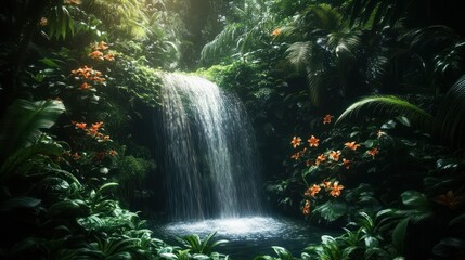 Obraz premium Lush Tropical Waterfall in a Greenhouse Setting