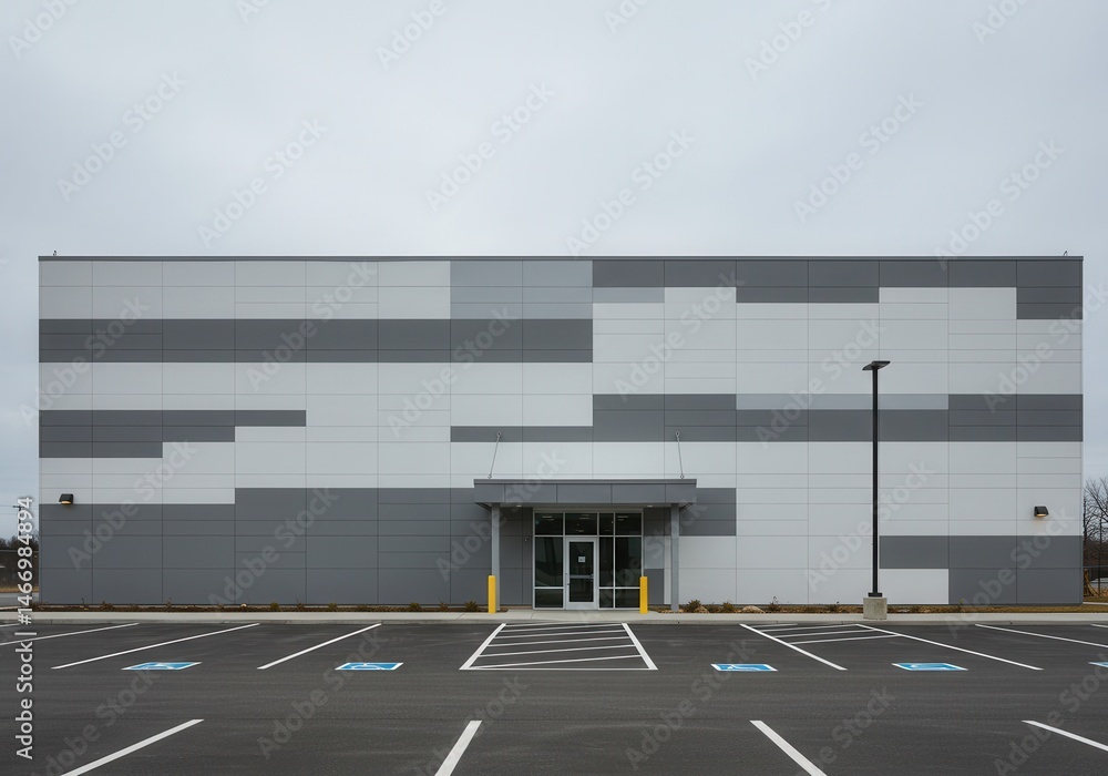 Poster exterior view of a modern building with gray and white panels and an empty parking lot in front of i