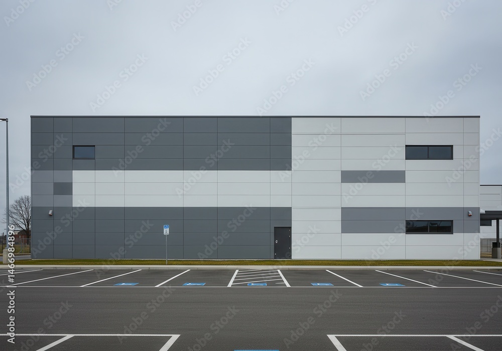 Poster exterior view of a modern building with gray and white panels and an empty parking lot in front of i